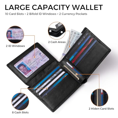 Image of RUNBOX Wallet for Men Leather RFID Blocking Bifold Front Pocket Wallet | Genuine Leather,Slim,12 Card Slots,2 ID Windows,2 Money Pockets, Gift for Men,Compact Travel Business Passport