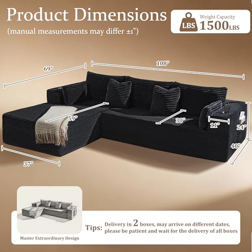 Image of 108 inch Oversized Cloud Sectional Couch, Comfort U Shaped Sofa for Living Room, Extra Deep Seats No Assembly, Minimalist Modular Couch, Corduroy (Black, 2 Seater+Left Facing Chaise)