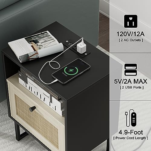 Image of Masupu Boho Night Stand, Small Rattan Side Table, Wood Nightstand with Drawer and Charging Station, Bedside Table with White Shelf, End Table for Bedroom,Living Room,Office (Black Mix White)