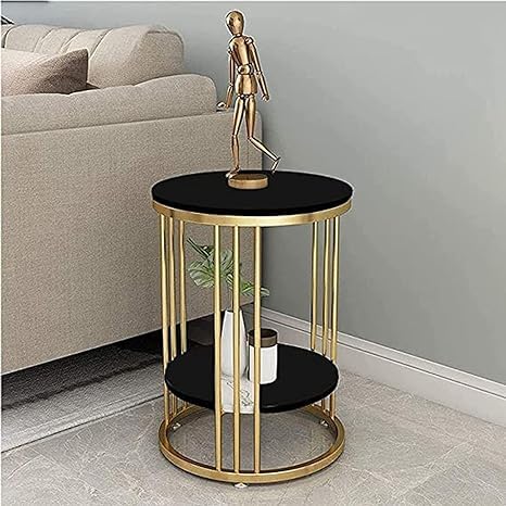Image of Crown Art Round End Table with Storage Shelf, Side Table for Small Space, Easy Assembly, Accent Furniture with Metal Frame (Golden and Black)