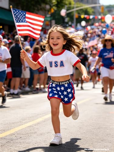 Image of Betusline Girls Summer 2 Piece Outfits,Kids Short Sleeve Crop Top & Shorts Set with Side Pockets