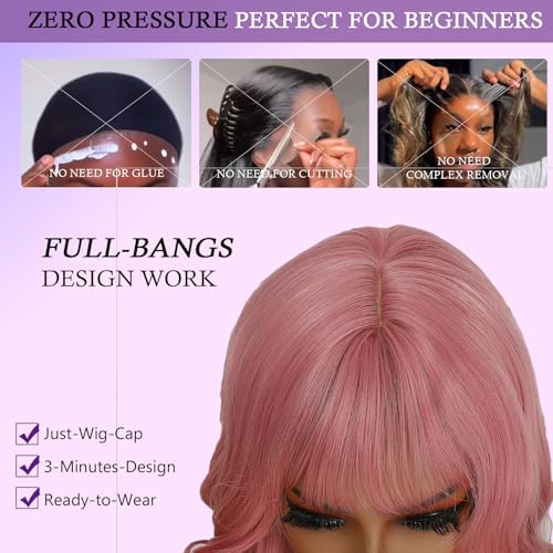 Barbique Synthetic Wig with Bangs, Pink Long Wavy Wig, Synthetic Hair, Heat Resistant Fiber, Natural Looking Glueless Ready to Wear for Work Party Daily Use Beginner Friendly — view 5