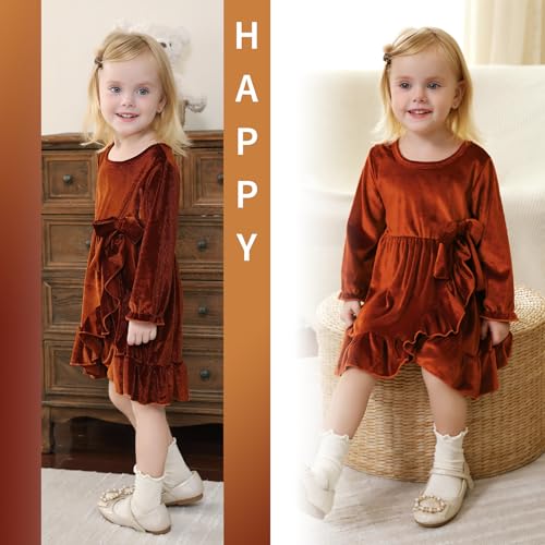 YOUNGER TREE Kids Toddler Dress Baby Girls Fall Dresses Ruffle Long Sleeve Bowknot Casual Winter Dress for Girl3