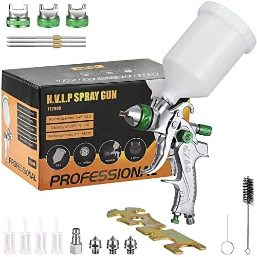 HUKOER HVLP Lackierpistole Spritzpistole Sprühpistole 3 Düsen 1,4 mm, 1,7 mm, 2,0 mm, 600 cc Becher