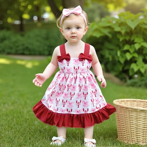 Toddler Girl Crawfish Dress Sleeveless Lobster Bows Princess Dress Little Kids Summer Kindergarten Vacation Mardi Gras Outfit3