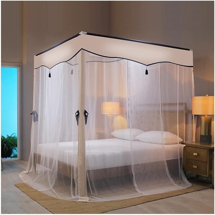 Moustiquaire de lit avec support pour chambre de fille ou garçon beige