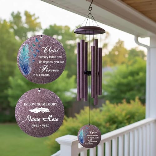 Image of Customized 30 /36 /45 inch Memorial Wind Chimes for Loss of Loved One, Blue Feather Sympathy Gift Wind Chime for Loss Mom Dad, Deep Tone Outdoor Decoration, Produced in Texas