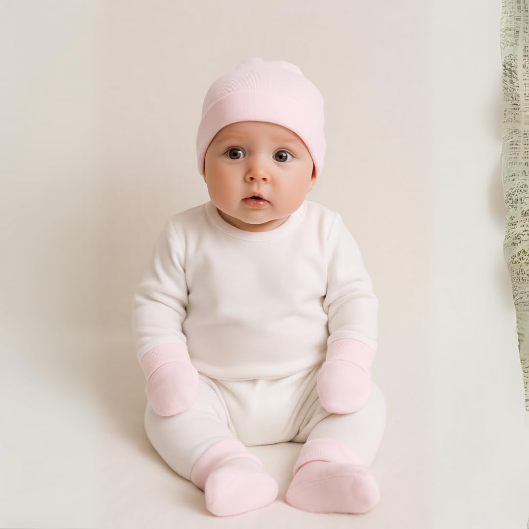 Canastilla | Set Personalizado de Gorro + Manoplas y Patucos con Chupete Grabado con Nombre del Bebé | Hecho a Mano en España (Rosa) | BebeDeParis