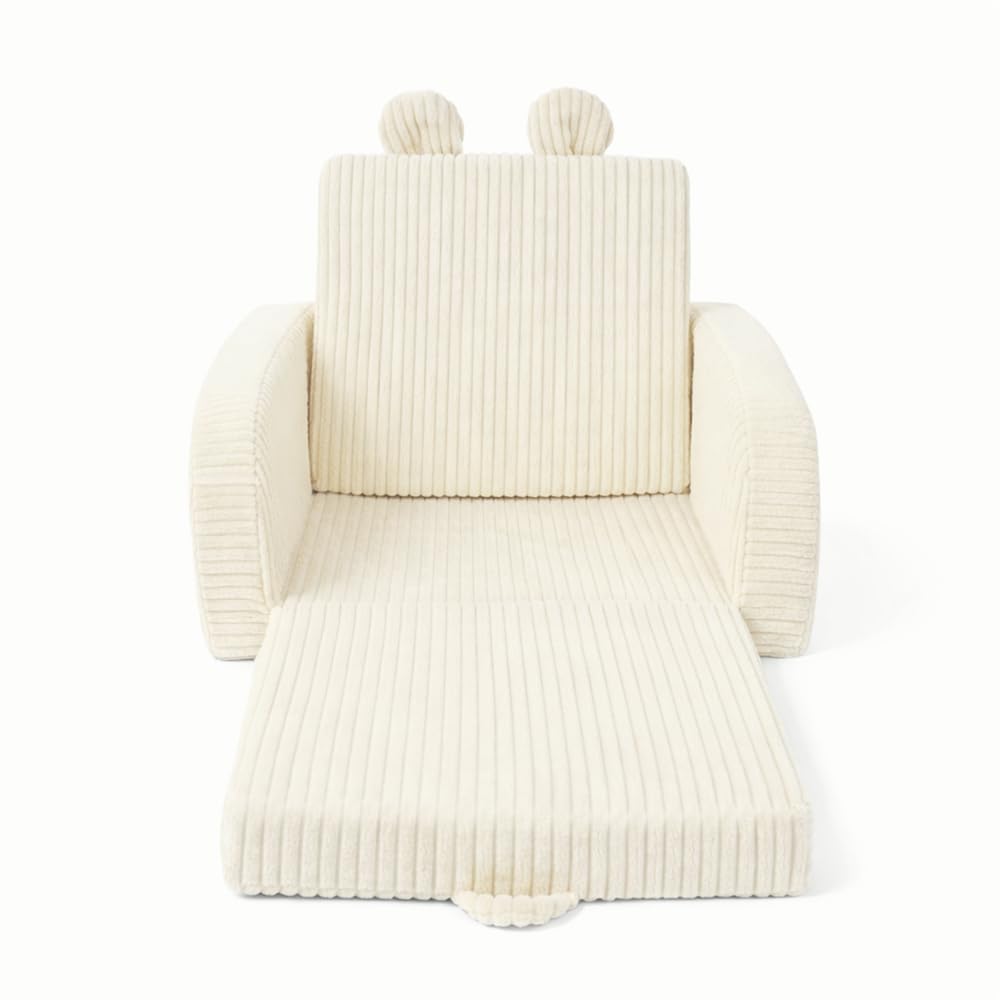 Flumi Fauteuil Enfant Mousse Convertible personnalisé 2 en 1 avec prénom, canapé Enfant dépliable pour Chambre bébé ou Enfant, Housse Amovible Lavable (Velours côtelé crème)