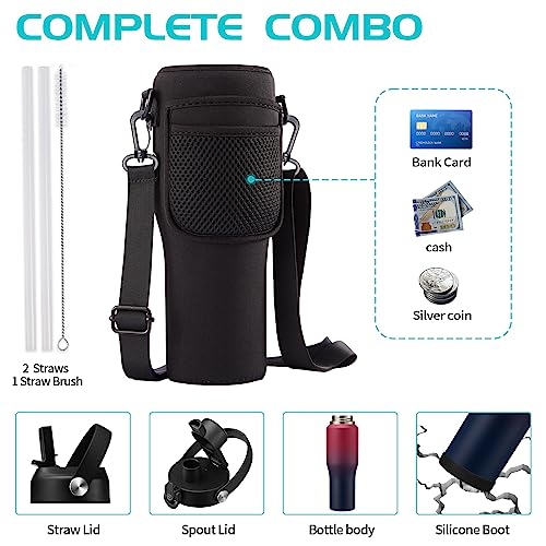 Stainless Steel Tumblers With Straw 32 Oz- Vacuum Insulated Water Bottle Flask For Car Office Gym, Cold-48H & Hot-24H, Water Flask With Straw & Spout Lids, Thermal Water Bottle Pouch & Silicone Boot #TOP4