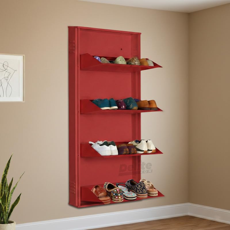 Image of DELITE KOM 24 Inch Wide, 4 Shelf Metal Shoe Rack Wall Mounted for Home with Central Lock Holds Upto 12 Shoes or 20 Slippers Pair | 1 Year Warranty | (54 x 24 x 5 Inch, Brick Red) DIY Space Saving