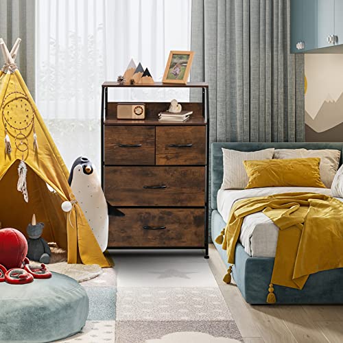 Giantex 4 Drawers Dresser, Tall Storage Tower W/ 5 Foldable Fabric Drawers & Open Shelves, Wooden Top & Metal Frame, Anti-Tipping Design, Tall Storage Chest Of Drawers For Bedroom, Hallway, Closet #TOP4