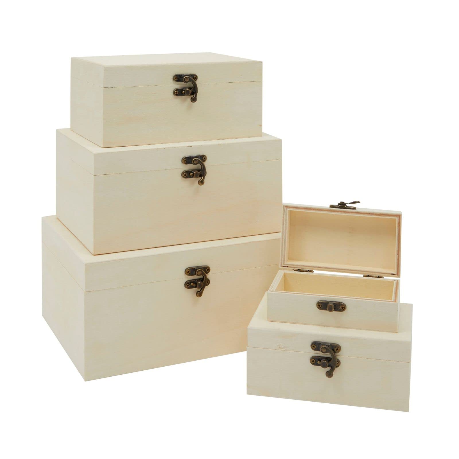 Buy 5 Piece Unfinished Wooden Boxes with Hinged Lid, Jewelry Box Set (5