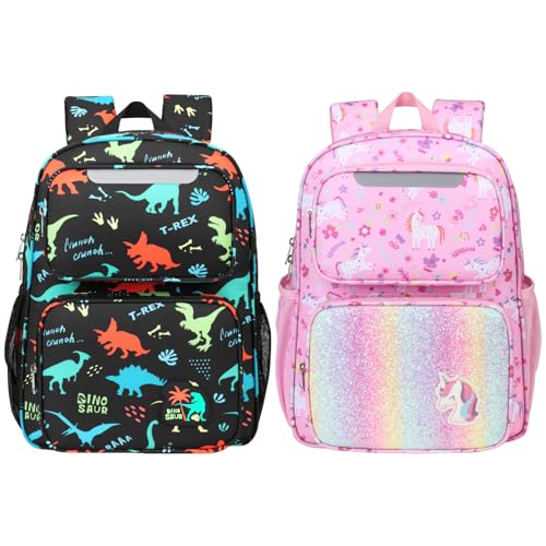 Image of BrainyBees 2pcs Kids Backpack for Boys Girls - 15 Inch Backpack for Kids 3 to 8, Lightweight Bookbag for Preschool Kindergarten Elementary School, Insulated Pocket, Black Dino & Pink Unicorn