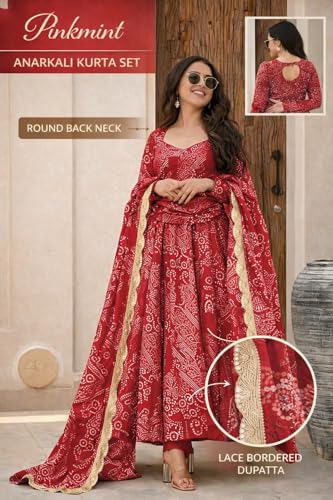 Image of Pinkmint Women's Bandhani Print Flared Anarkali Muslin Kurta Set with Pant & Stylish Dupatta Ethnic Long Sleeve Dress Suit Set