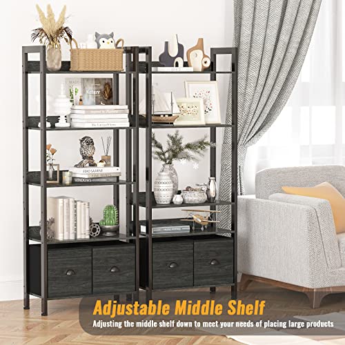 Furologee 5-Tier Bookshelf, Tall Bookcase With 2 Storage Drawers, Industrial Display Standing Shelf Units, Wood And Metal Storage Shelf For Living Room, Bedroom, Home Office, Black Oak #TOP3