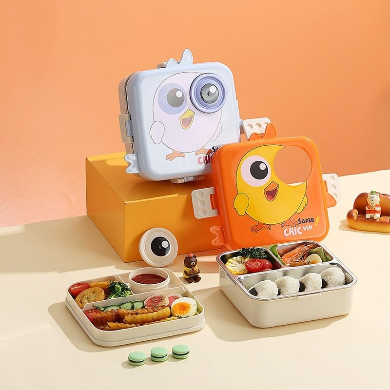 Image of Homy Super Bite Buddy Cartoon Kids Lunch Box with Compartments - Air Vent, Spoon, Sauce Container & Stainless Steel Tray - Purple Chick Design (1100ml+50ml)