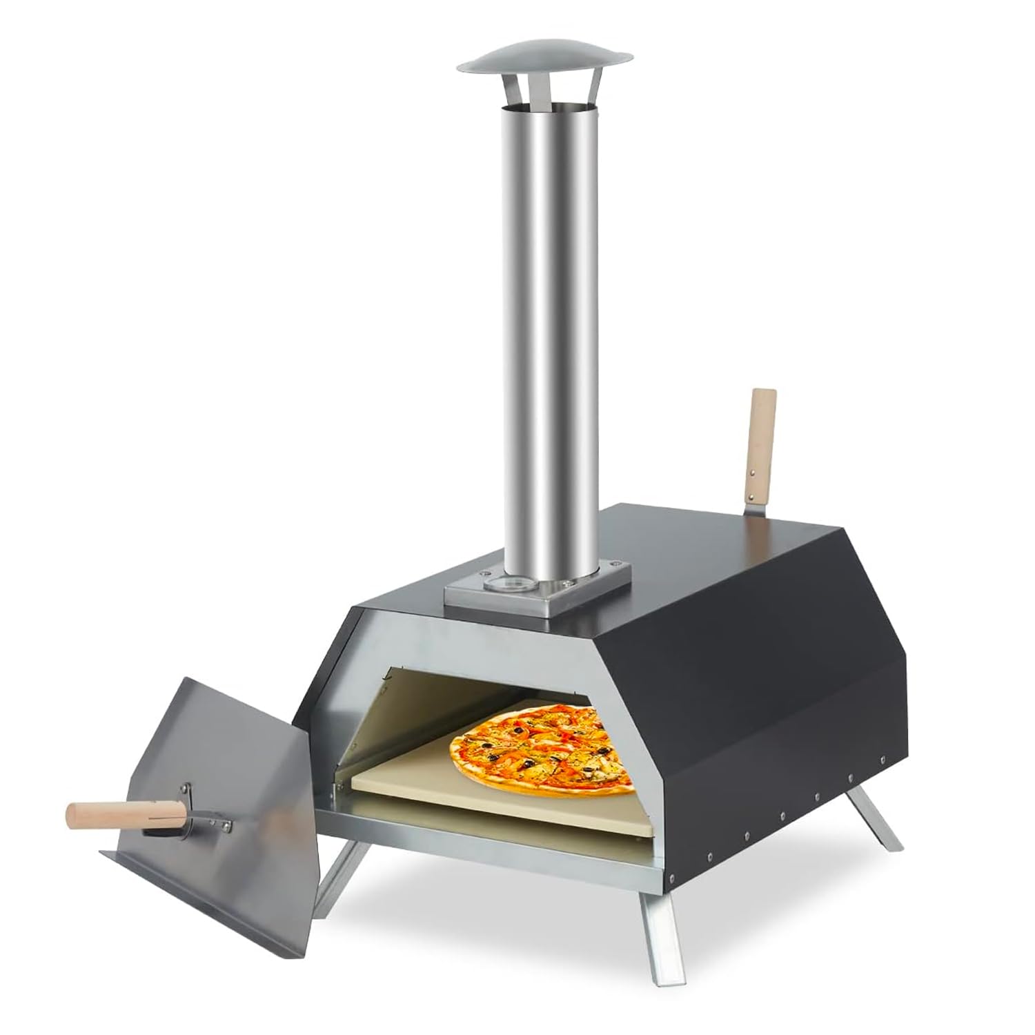 Avilia Forno a Pellet per Pizza - Forno per Esterni con Canna Fumaria, Termometro, Pietra Ceramica, Pala e Gambe Pieghevoli, Ideale per Giardini e Terrazze, in Pietra e Acciaio, 42x81x80cm