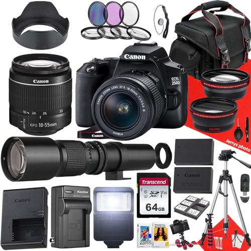 Canon EOS 250D / Rebel SL3 DSLR Camera with EF-S 18-55mm f/3.5-5.6 III DC and 500mm f/8.0 Preset Telephoto Lens + 64 GB Memory + Filters + Tripod + More (36pc Bundle) (Renewed), Black