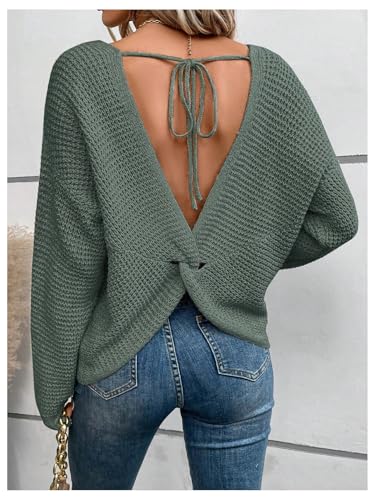 Verdusa Women's Twist Tie Back Lightweight Sweaters Backless Waffle Pullover Knit Tops3