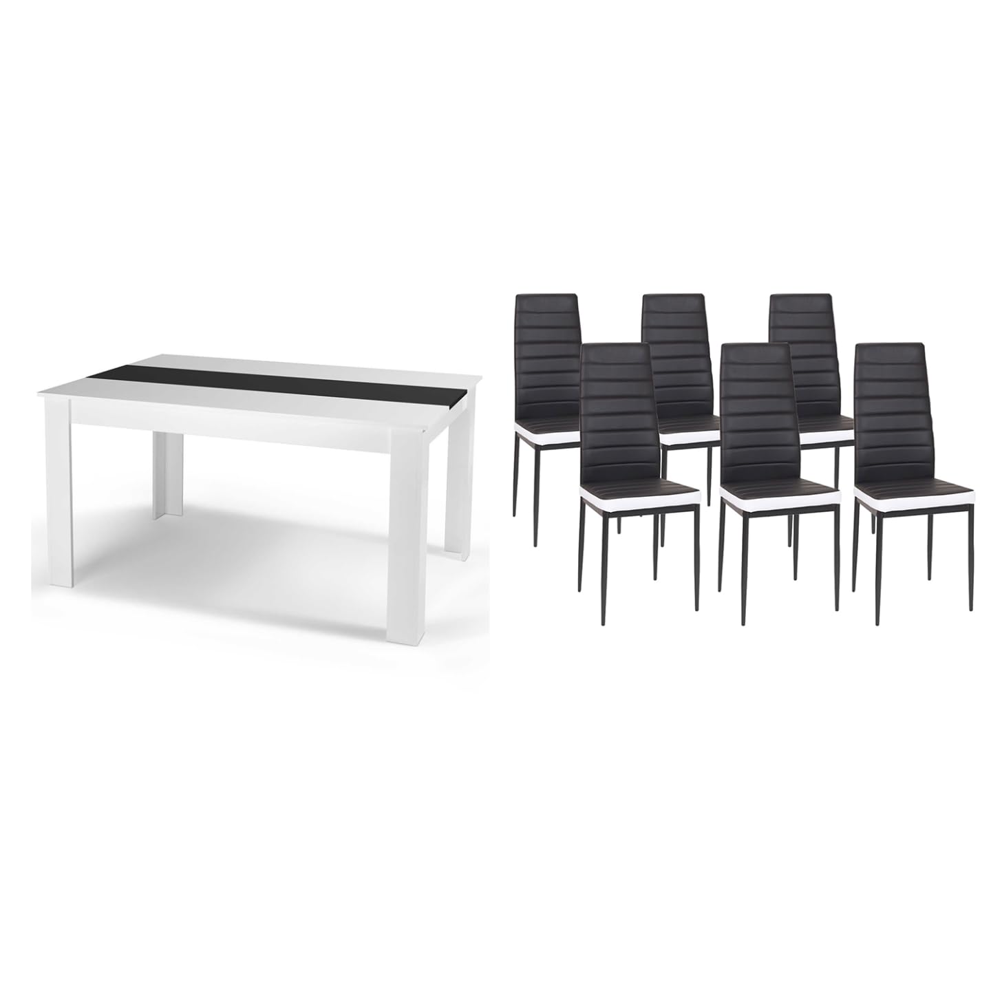 IDMarket - Ensemble Table à Manger Georgia 140 cm Blanche et Noire et 6 chaises Romane Noires liseré Blanc