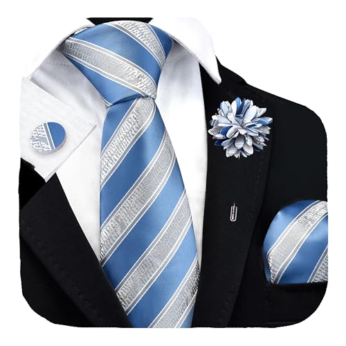 Image of GUSLESON 3.15 inch（8cm） Mens Stripe Tie and Lapel Pin Necktie Hankerchief Cufflinks Set for Men