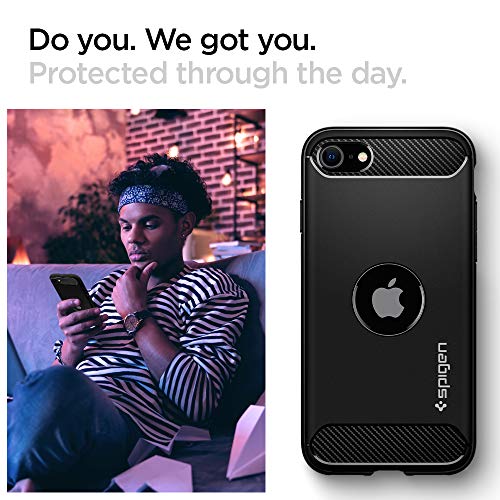 Image of Spigen Rugged Armor Back Cover Case for iPhone SE(2022 /2020), Carbon Fiber Detail, Resilient Shock Absorption - TPU | Matte Black