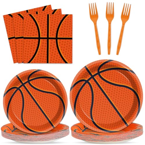 Image of 200 PCS Basketball Birthday Tableware Disposable Basketball Plates Napkins Party Supplies Sports Theme Dinnerware Set Basketballs Team Baby Shower Party Decoration Serve 50 guest