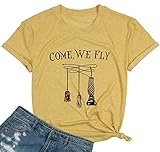 MYHALF Come We Fly - Camisetas de Halloween para mujer, diseño de escoba de bruja estampada con letras, Amarillo, M