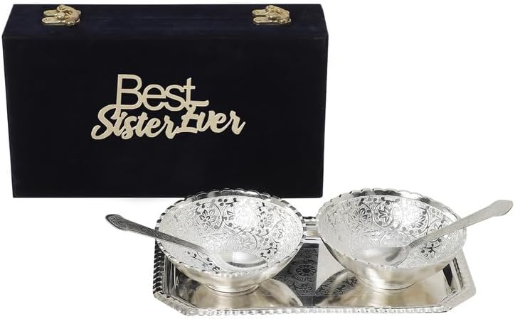 INTERNATIONAL GIFT® German Silver Round Bowl Spoon Tray Or Carry Bag with Best Sister Ever Tag | German Silver Metal Suitable for Gifting, Serving, Home Décor and Pooja