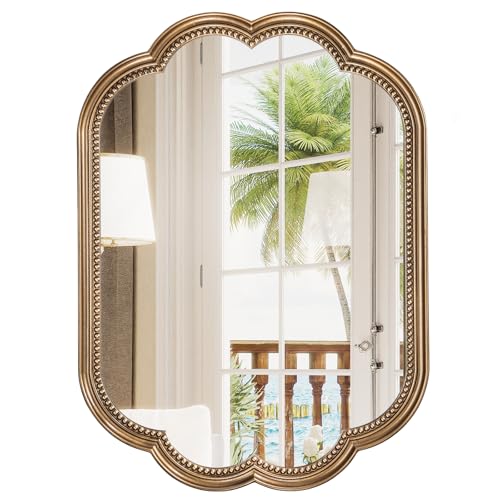 Image of Wiserset Scalloped Gold Mirror, 23" x 35" Gold Beaded Mirror Vanity, Antique Brass Oval Wooden Large Flower Mirror for Over Sink, Bathroom, Bedroom, Living Room, Fireplace, Entryway