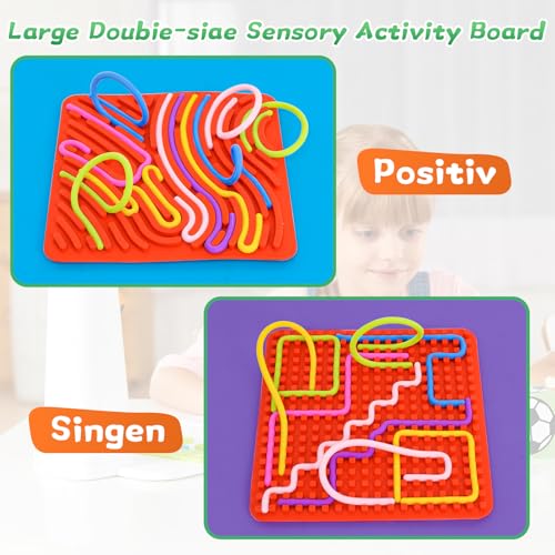 Sensorik Spielzeug Activity Board 5.7×5.7 Inch, Silikon Sensory Toys Fidget Spiel Zur Autismus, Stress, ADHD, Anxiety Spiele Play Toy Für Kinder ab 3 Jahr & Erwachsene, zum 11 Schnüren(Rot)