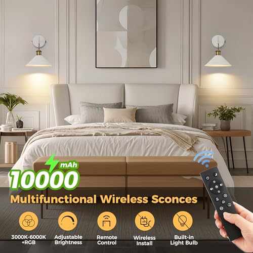 Image of DORESshop Battery Operated Wall Sconce Set of 2, 10000mAh Gold & White Wireless Rechargeable Wall Lights, Hanging Wire Wall Sconce, 9 Adjustable Sconces Wall Decor for Bedroom Living Room Hallway