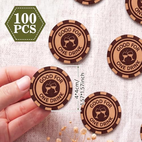 Image of Marsui 100 Pcs Wooden Drink Tokens Bulk for Wedding Personalised Drink Tickets Poker Chips for Guest Wedding Favours Beverage Birthday Parties Bar Table Decoration Supplies (Poker Chip Pattern)