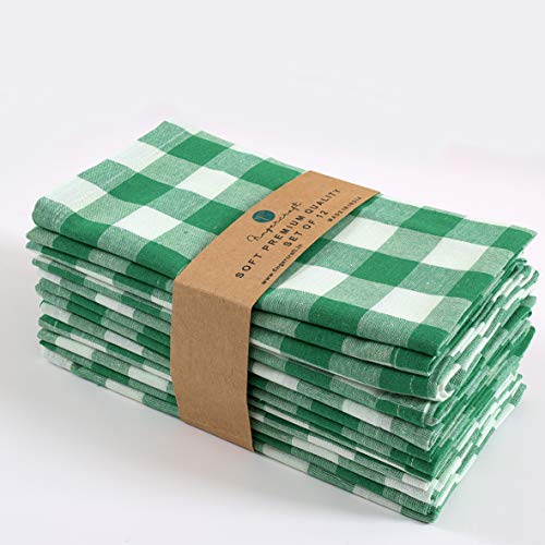 FINGERCRAFT Cloth Napkins, Everyday Use, Premium Quality, Cotton Buffalo Plaid, Set of 12, 20X20 Inch Oversized Napkins Cloth Mitered Corners, Soft, Durable Hotel Quality Green White Checkered