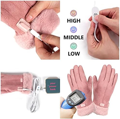 USB Heated Gloves Winter Electric Warming Gloves for Women, Thermal Heated Gloves, Hand Warmers for Girl, Waterproof Leather Heating Gloves for Riding, Cycling(Pink)