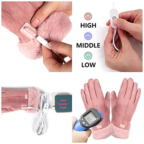 USB verwarmde handschoenen winter elektrische verwarmingshandschoenen voor vrouwen, thermisch verwarmde handschoenen, handwarmers voor vrouwen, waterdichte lederen verwarmingshandschoenen voor rijden, fietsen (roze) - Afbeelding 3