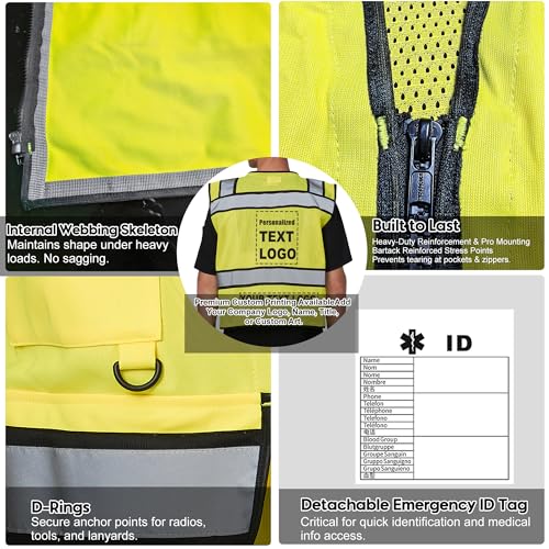 Image of A-SAFETY High Vis Reflective Safety Vest for Men Women Zipper Ipad Pockets Mesh Construction Apparel Neon Vest for Work