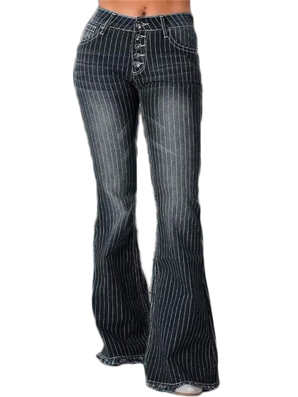 Andongnywell Womens Striped Bell Jeans Classic High Waist Flared Denim Pants Boho Printed High Rise Flare Pants