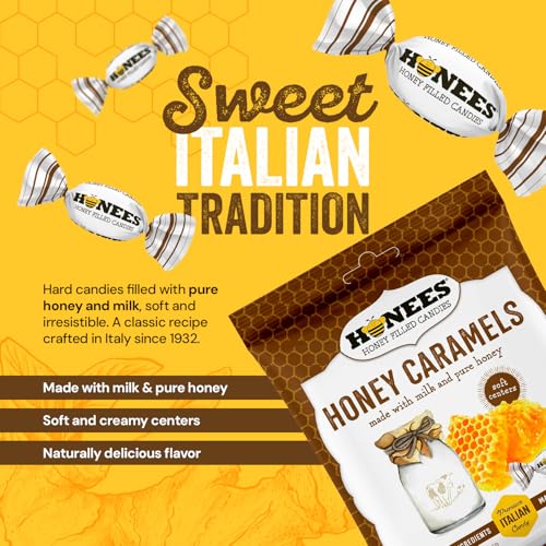 Honees Honey Caramels Hard Candy Individually Wrapped | Natural & Healthy Candy, Italian Made with Milk & Pure Honey, 1 Pack (2.59 oz) - image 3