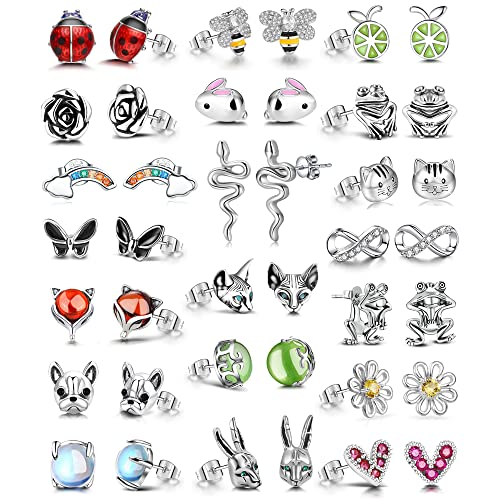 20 Pairs Stainless Steel Opal Cute Stud Earrings Set for Women Animal Rainbow Ladybug Bee Butterfly Grog Cat Snake Fox Dog Spider Delicate Stud Earrings Hypoallergenic Jewelry set