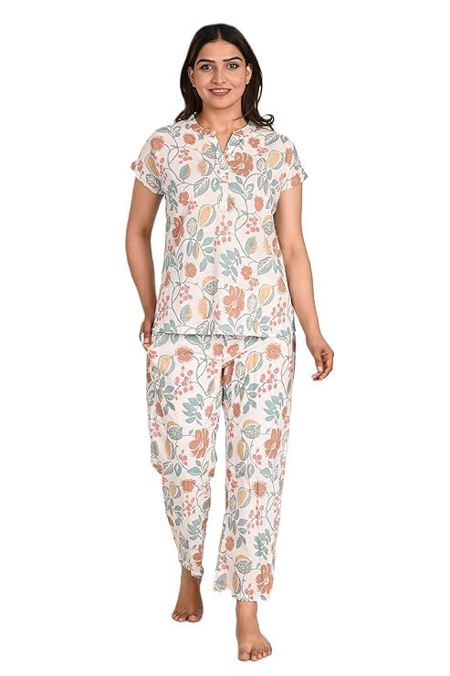 Ganpati Women's Floral Pure Cotton Printed Night Suit Top & Pyjama Set-picture-36
