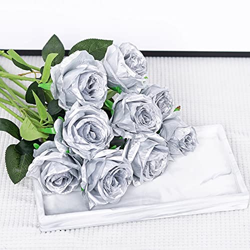 Hawesome 12Pcs Artificial Silk Flowers Realistic Roses Bouquet Long Stem For Home Wedding Decoration Party (Silver) #TOP5