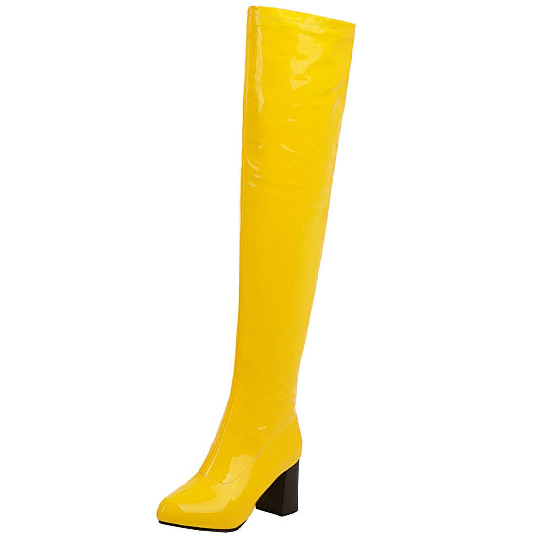 MAVMAX Women's Chunky Heels Thigh High Patent Leather Boots Platform Over The Knee Boots