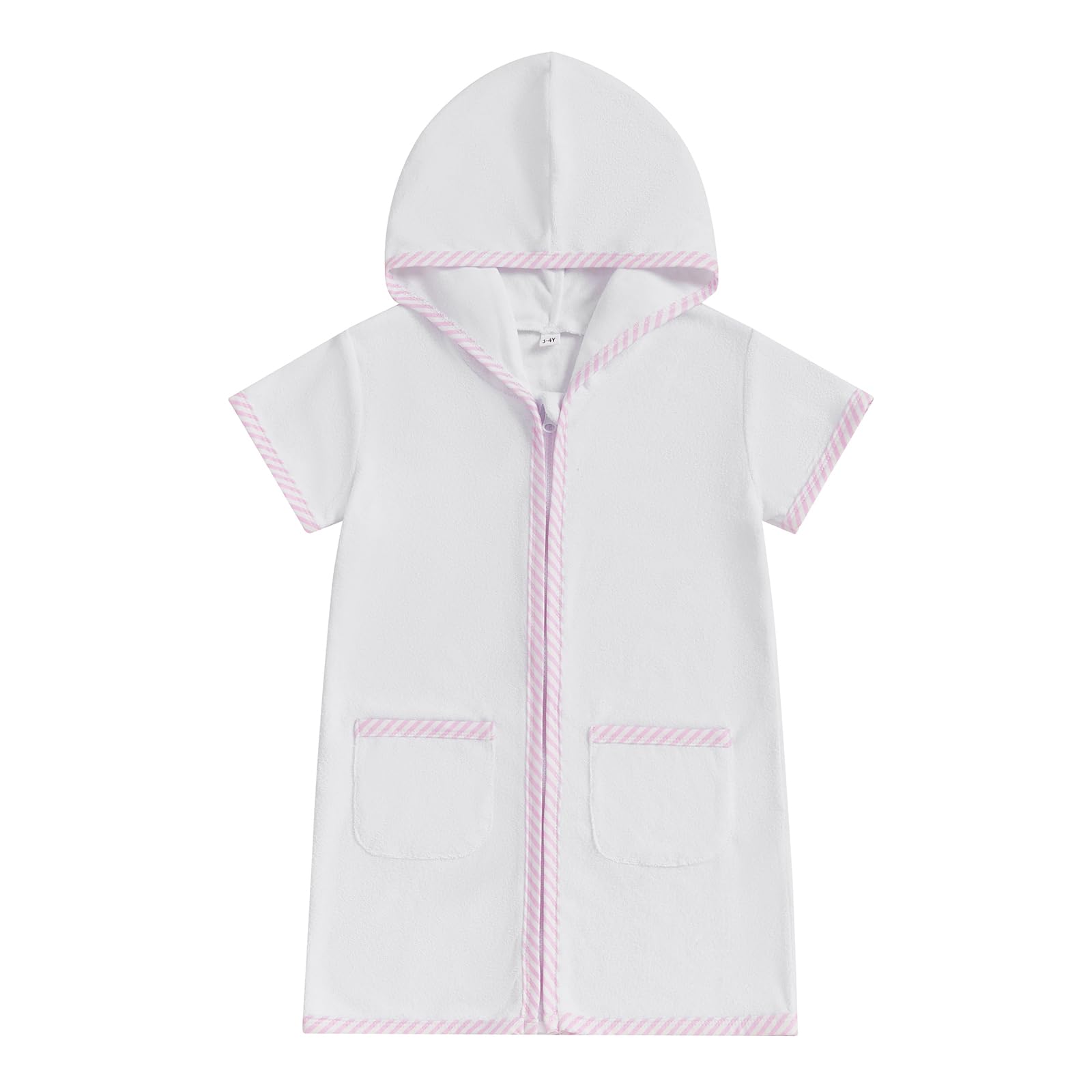 Girls Boys Hooded Terry Coverups One Piece Swimsuits Summer Striped Trim Zip Up Short Sleeve Swim Cover Up Beachwear