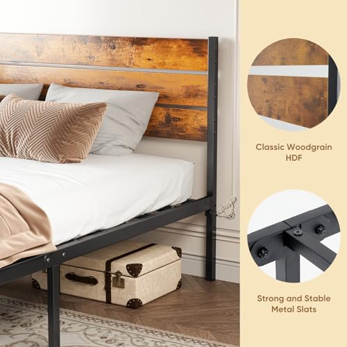 Image of NEWBULIG Full Size Bed Frame with Headboard, 800LBS Mattress Foundation with All Sturdy Metal Support, Under Bed Storage, No Box Spring Needed, Easy Assembly, Classic Rust Brown