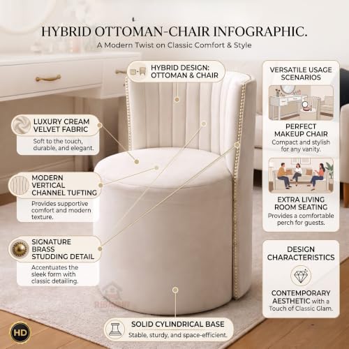 Image of Luxury Velvet Ottoman Chair Pouffe Stool-Modern Round Soft-Padded Chair for Dining Room, Living Room /Cafeteria Seating /Bedroom and Dressing Area /Ottoman with Backrest (Cream.)