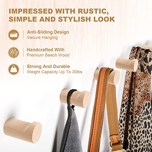 Bsdonte Wood Wall Hooks 6 Pack, Natural Wooden Coat Hooks Wall Mounted, Handmade Rustic Hat Hooks Heavy Duty Entryway Wall Hangers For Hanging Towels, Clothes, Bags (Beech Wood) #TOP2