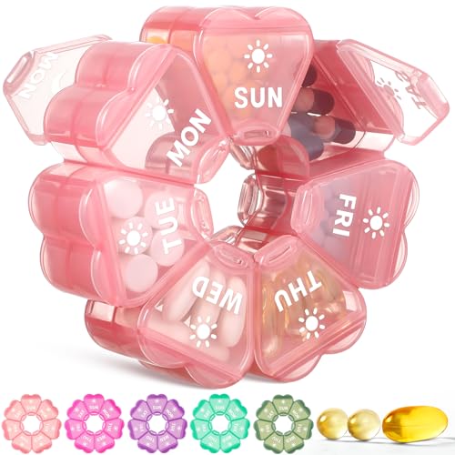 LANDNEOO Weekly Pill Organizer 2 Times a Day Cute Double-Sided AM PM Pill Case 7 Day Pink Travel Pill Box for Medication Vitamins Fish Oils Supplements - Pink
