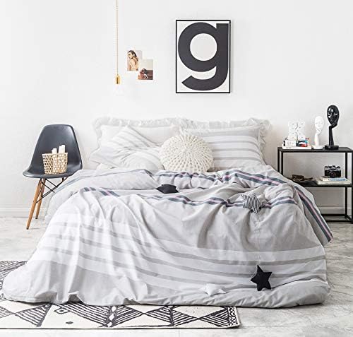 SUSYBAO Grey Pink Striped Duvet Cover King 100% Cotton Gray White Stripe Duvet Cover 3 Pieces Set 1 Neutral Horizontal Striped Duvet Cover with Zipper Ties 2 Pillowcases Soft Geometric Bedding Set